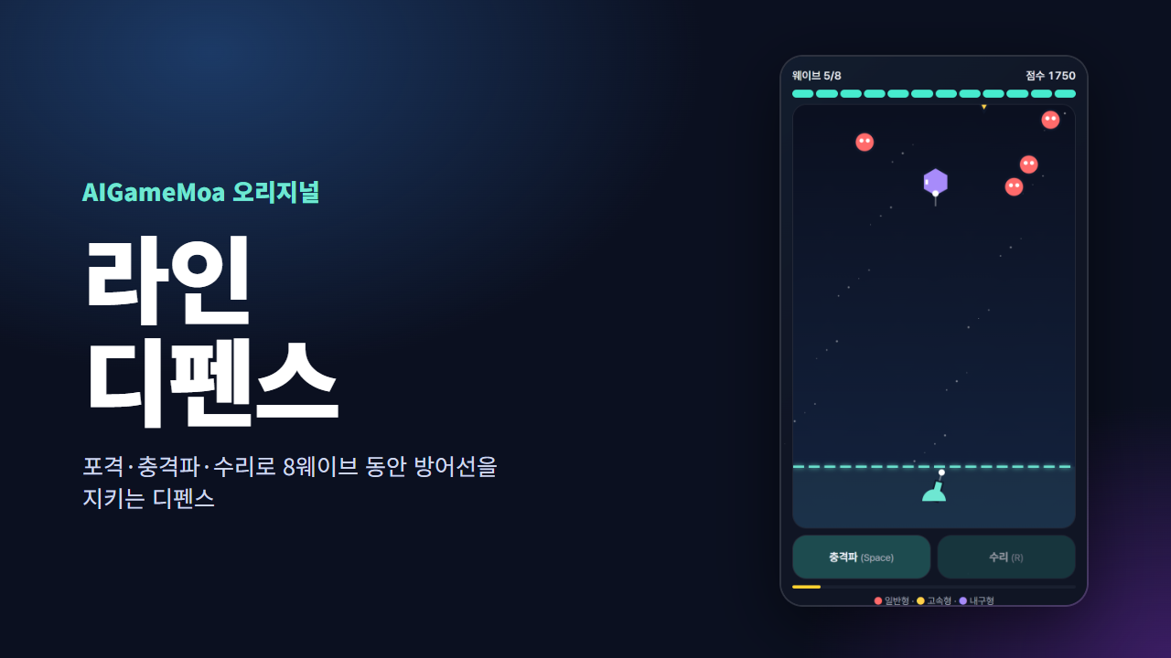 「라인 디펜스」 실제 플레이 화면: 위에서 내려오는 빨간 일반형, 노란 고속형, 보라색 내구형 적들을 아래 점선 방어선 앞에서 포격으로 막고 있다.